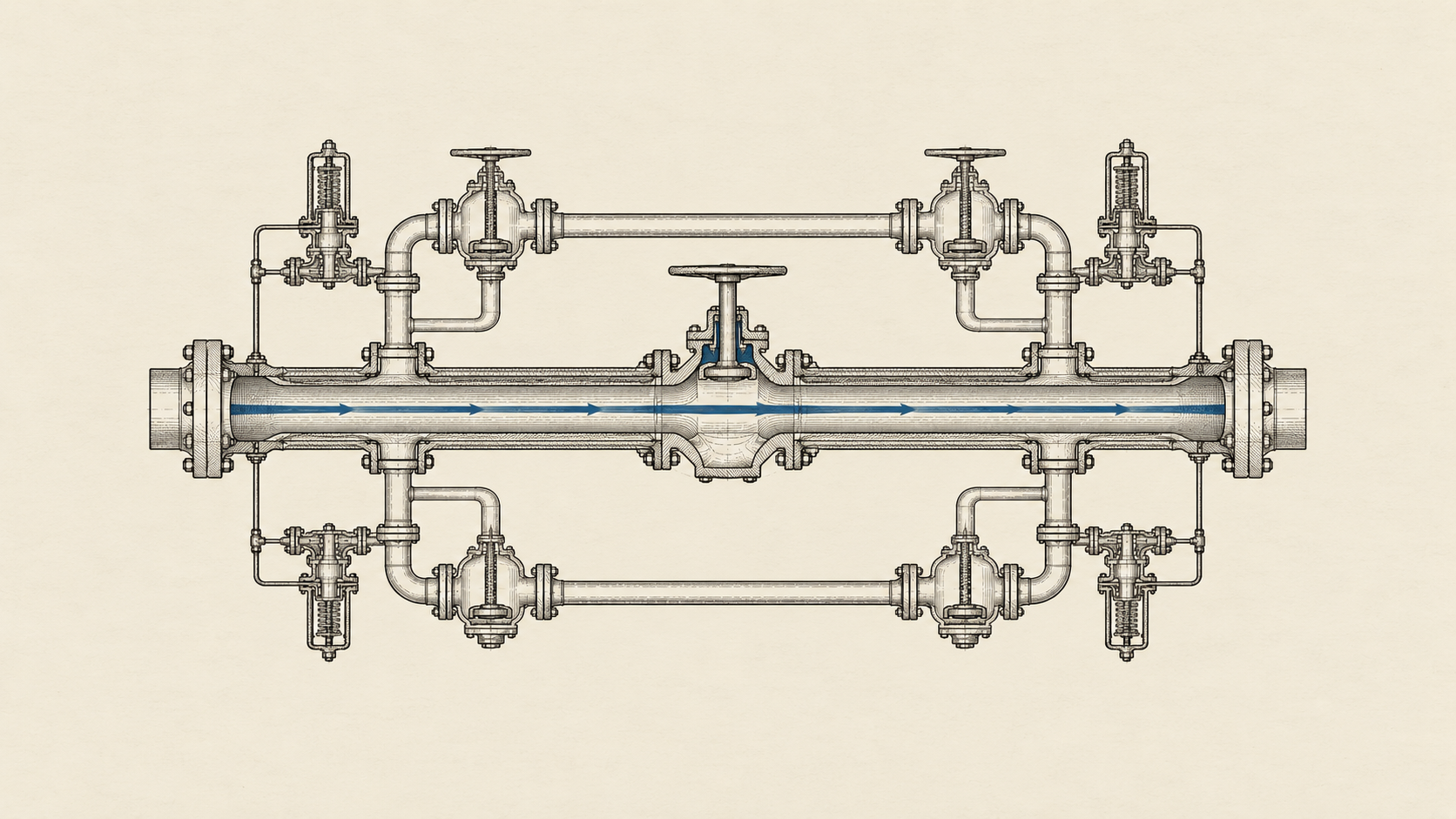 Sectioned industrial manifold: complete redundant pipework above and below, every branch valve closed, while flow passes straight through an open central bypass gate, marked in blue.