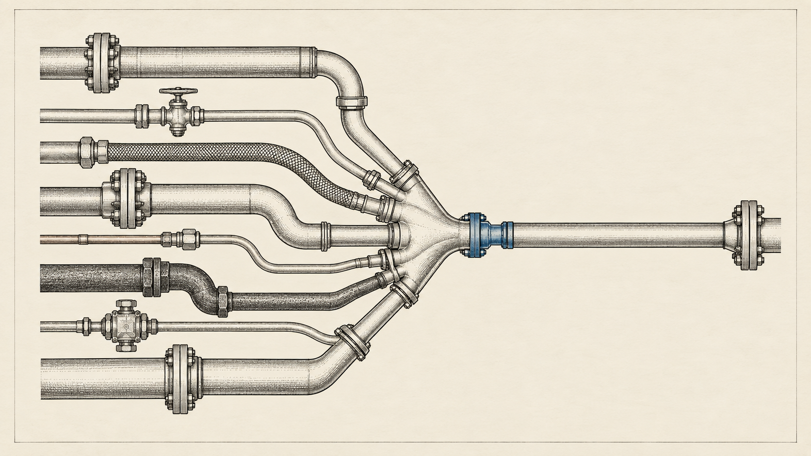 Technical drawing: eight independent supply lines of different manufacture converging into one small coupling, marked in blue, which continues as a single line.
